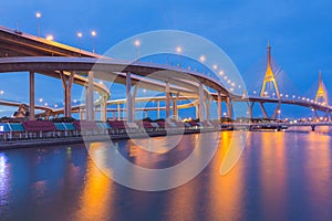 Twin Suspension bridge over Bangkok city rive