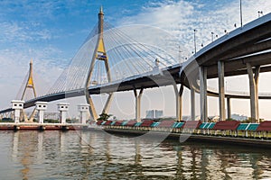Twin suspension bridged over watergate in Bangkok Thailand photo