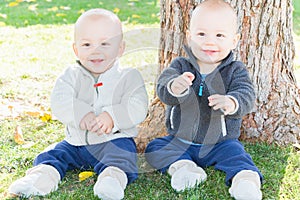 Twin Toddlers Sitting Near Tree Trunk photo