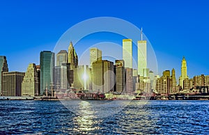 Twin towers in New York in sunset photo