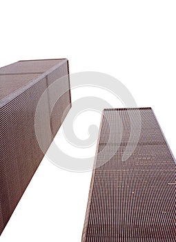 Twin Towers of the World Trade Center, Manhattan, New York. Close up view to top of the buildings photo