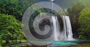 Twin Waterfall Rain Forest In Valley Like A Paradise Garden With Turquoise Green Pond.