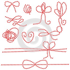 Twine rope bows, gift ties. Red and white string