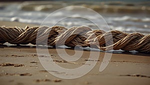 Twine twisted into a rope lies on the seashore