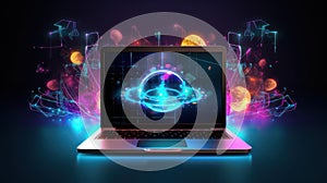 A twinkle light sphere on laptop screen and a colorful abstract light background. AI generated illustration picture.