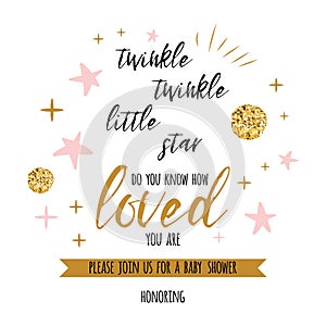 Twinkle twinkle little star text with golden oranment and pink star for girl baby shower card template