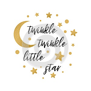 Twinkle twinkle little star text with gold star and moon for girl baby shower card template photo