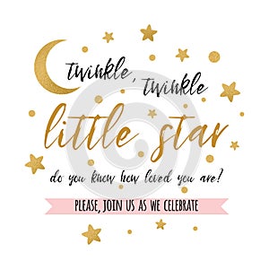 Twinkle twinkle little star text with gold star and moon for girl boy baby shower card invitation photo
