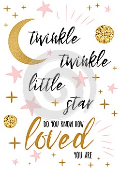 Twinkle twinkle little star text with gold ornament and pink star for girl baby shower card design template photo