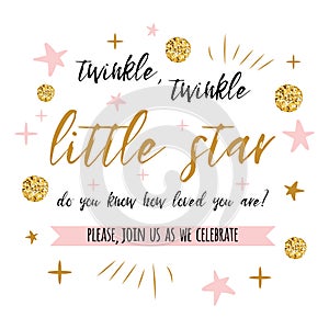 Twinkle twinkle little star text with gold polka dot and pink star for girl baby shower card invitation template
