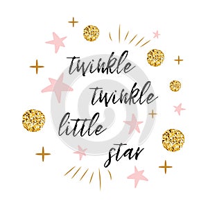 Twinkle twinkle little star text with gold polka dot and pink star for girl baby shower card template photo