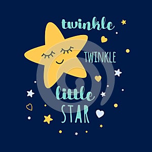 Twinkle twinkle little star text with yellow sleepeing star Baby shower template design photo