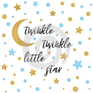 Twinkle twinkle little star text with gold blue star and moon for boy baby shower card template photo