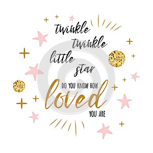 Twinkle twinkle little star text with gold ornament and pink star for girl baby shower card template photo