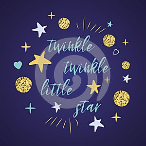 Twinkle twinkle little star text with gold polka dot yellow stars for girl baby shower card template