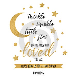 Twinkle twinkle little star text with gold star and moon for girl baby shower invitation template photo