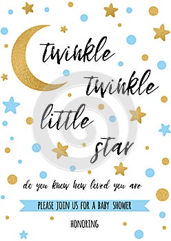 Twinkle twinkle little star text with golden oranment and blue star for boy baby shower card template