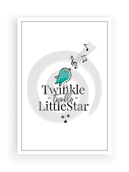 Twinkle, twinkle little star, vector. Wording design, lettering. Blue Singing bird silhouette. Childish poster design
