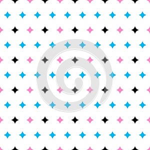 Twinkles seamless pattern on white background. Abstract pattern with black, blue and pink twinkles. Vector illustration