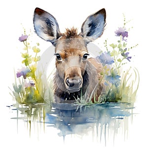 Twinkling-Eyed Watercolor Baby Moose Munching on Pond Flora Amidst Water Irises AI Generated