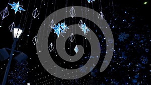 Twinkling stars and lights of Christmas tree on dark background. Nightclub stage videophone, visual projection, music