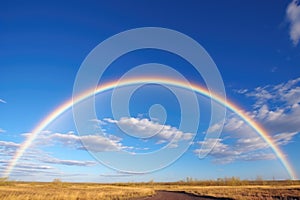 twinned rainbows arching across a pristine blue sky