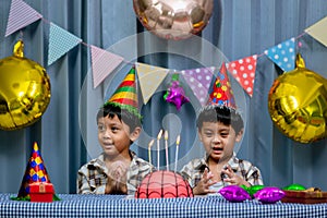 Twins adorable boy in shirt, celebrating his birthday, blowing candles on homemade baked cake, indoor. Birthday party for kids