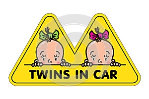 Twins in car sticker. Fases of baby girls and logo photo