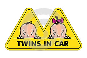 Twins in car sticker. Fases of baby boy and girl photo