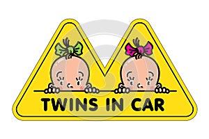Twins in car sticker. Fases of baby girls and logo