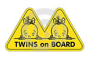 Twins in car sticker. Fases of baby girls and logo photo