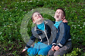 Twins frolic in a meadow