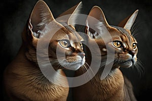Twins Siblings Abyssinian Cats Black Background. Generative AI
