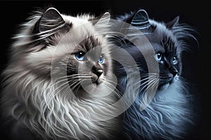 Twins Siblings Birman Cats Black Background. Generative AI