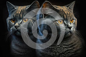 Twins Siblings British Shorthair Cats Black Background. Generative AI