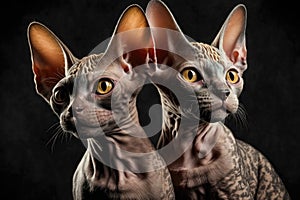 Twins Siblings Cornish Rex Cats Black Background. Generative AI