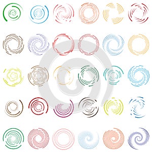 Twirl, spiral, swirl circle set of 30. Random radial, radiating circular lines. Volutes, helix set illustration. Concentric  rings