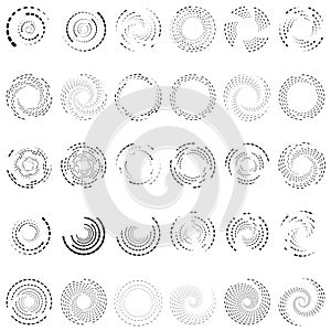 Twirl, spiral, swirl circle set of 30. Random radial, radiating circular lines. Volutes, helix set illustration. Concentric  rings