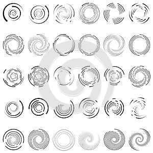 Rotazione spirale vortice cerchio un impostato composto da 30. casuale radialmente radiante circolare gestione. spirale impostato illustrazioni. concentrico anelli 