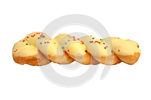 Twist Doughnut with glaze Vanilla white cream and colorful sprinkles