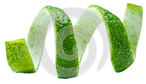 Twist of lime peel on white background. Clipping path