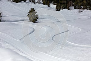 Snow surface  with twisted nordic ski pistes