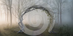 A twisted archway of branches leads into a mysterious foggy forest during early morning light. photo