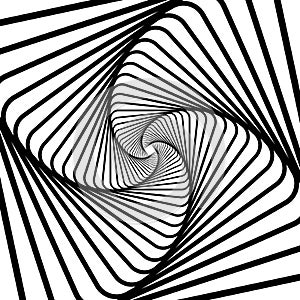 Twisted black lines turning into a vector 3d tunnel from a geometric shape. Abstract white background graphic spiral