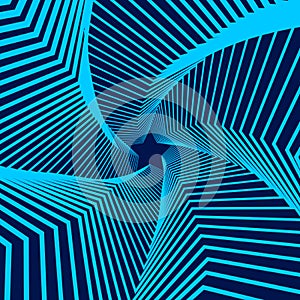 Twisted blue lines. Vector 3d tunnel made of geometric shape. Abstract graphic spiral on a dark background