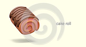 Twisted cake, Swiss roll with chocolate glaze. Sweet pastry with cream filling