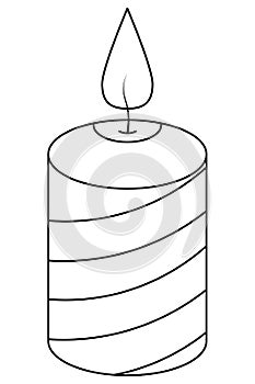 Twisted candle. Sketch. Burning flame. Magic attribute. Vector illustration. Coloring book for children. Doodle style. Outline on