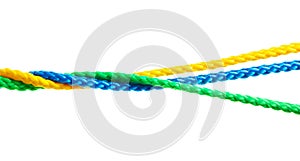Twisted colorful ropes on white background