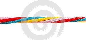 Twisted colorful ropes on white background