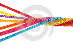 Twisted colorful ropes on white. Unity concept